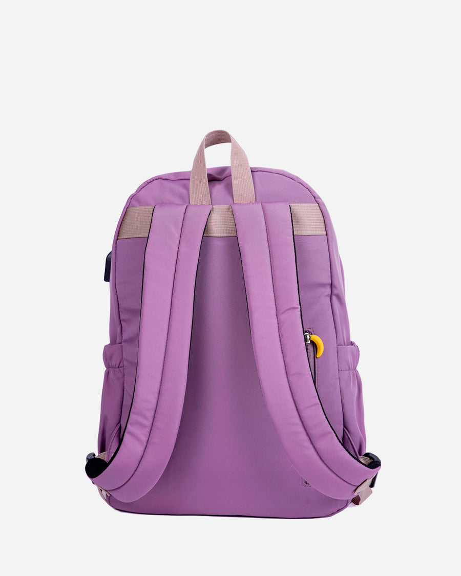 Mochila banana lila clásica. Acolchado para computador. Vista trasera